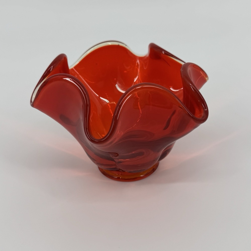 Vintage Viking Epic Amberina 6 Petal Pedestal Art Glass Bowl Orange MCM Decor